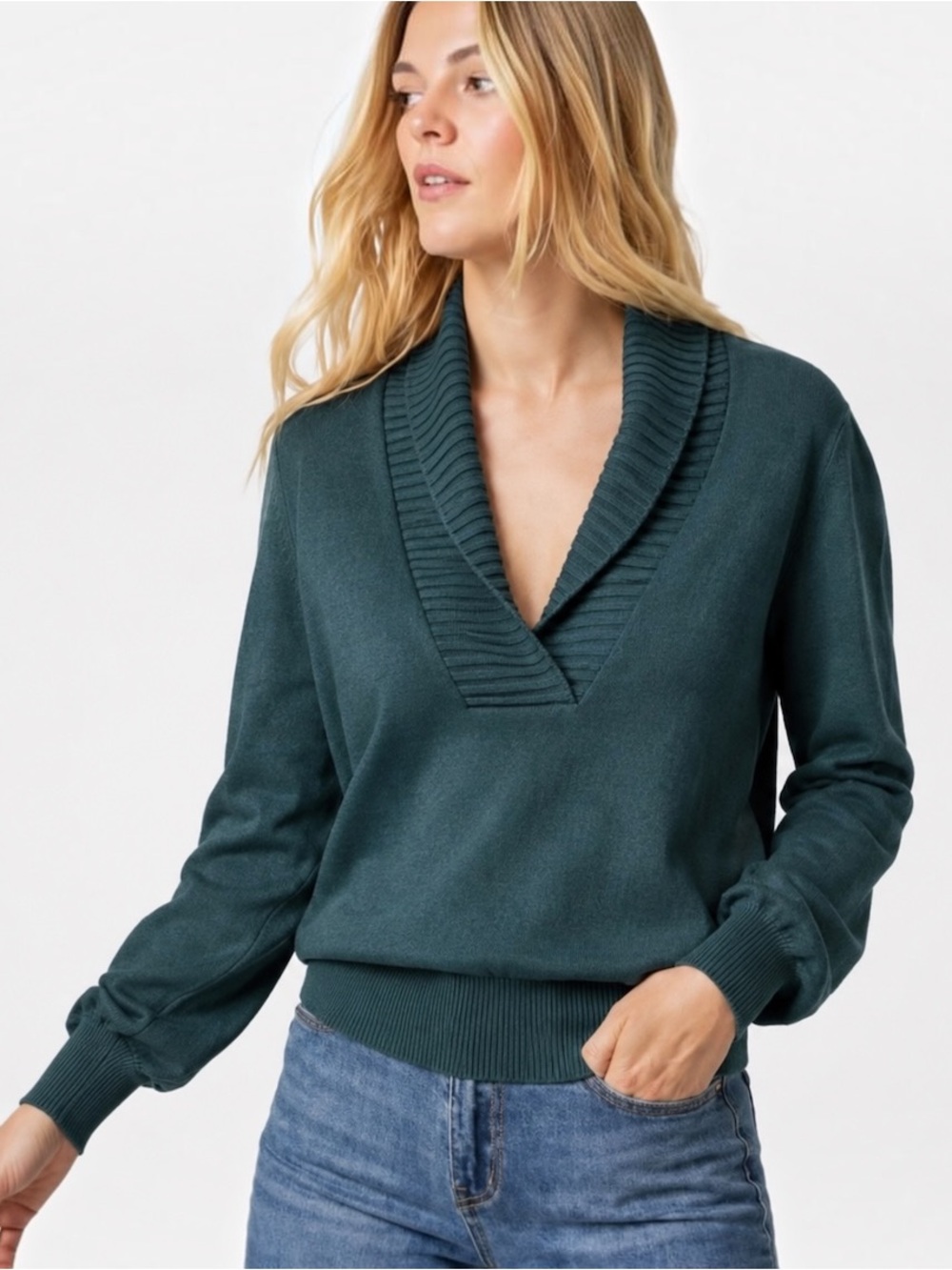 LILLA P Teal Cotton Cashmere Shawl Collar Sweater Size L